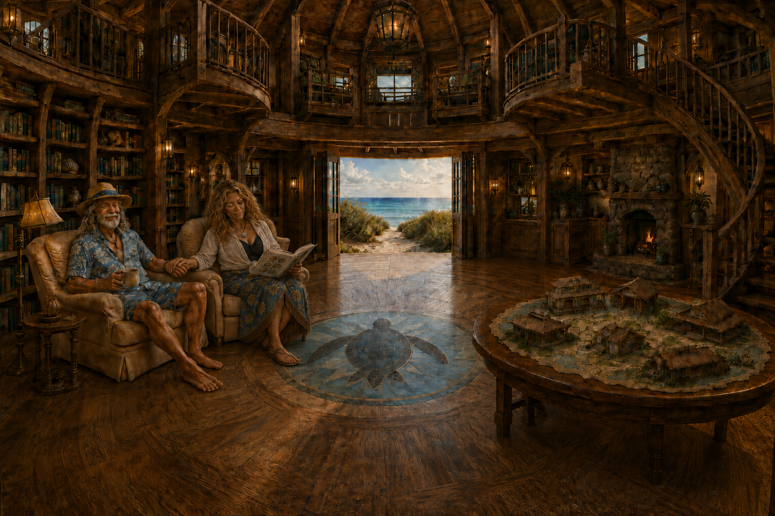 Nick and Jen hold hands, with her hand resting on top. Nick enjoys his tea while Jen reads an illustrated shell book. The circular wooden room has a bookshelf, fireplace, and island map table.