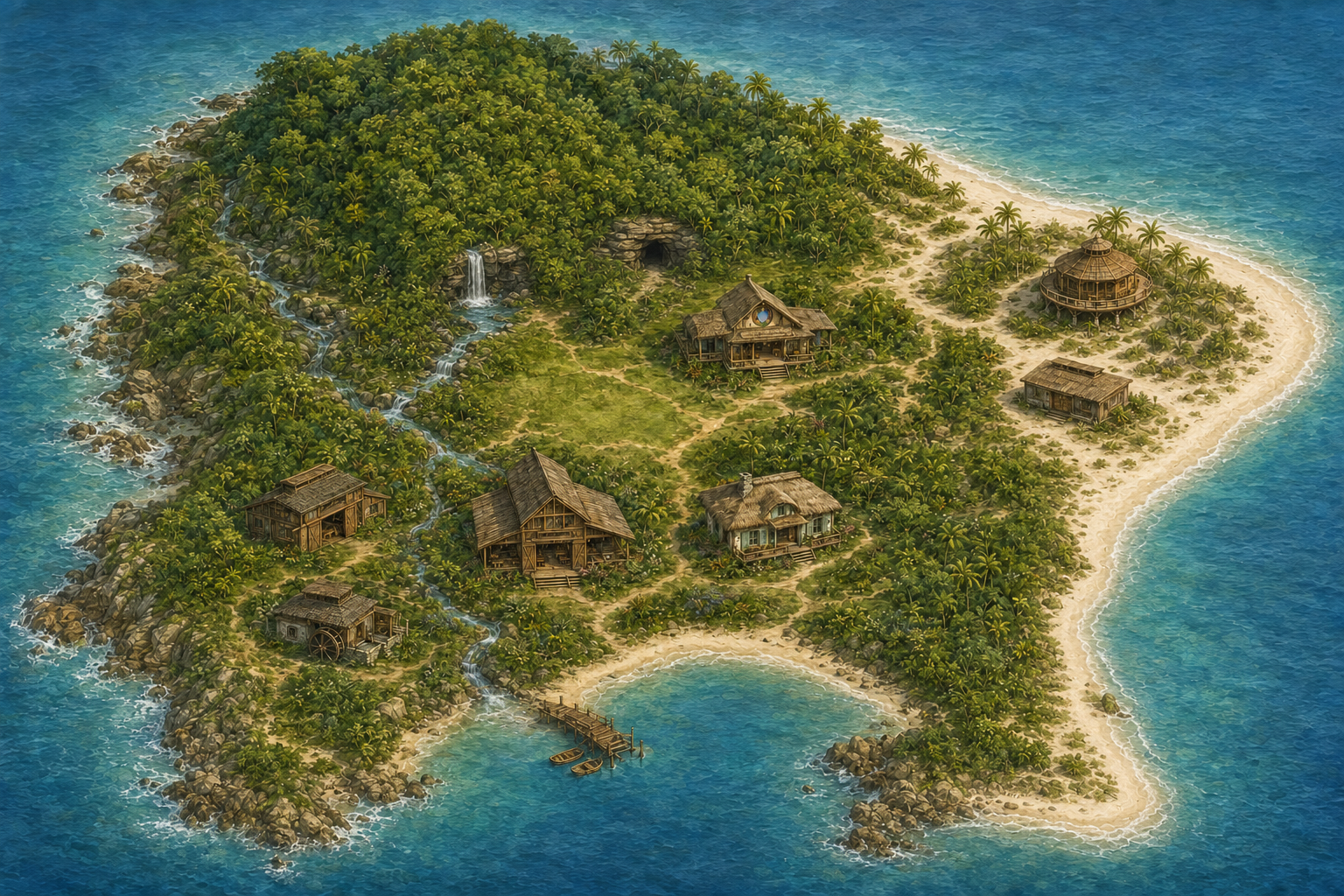 Windmere with north at the top. Nick’s Home and separate Shack sit on a sandy eastern Nick’s Point. Abby’s studio and Jen’s bakery overlook the village; Ava’s workshop is downstream beside the Living Stream, with Kaloni’s workshop and Ben’s Forge on the western working edge. Discovery Cave opens in the forest, and Hidden Falls feeds the Living Stream. The harbor lies to the south.